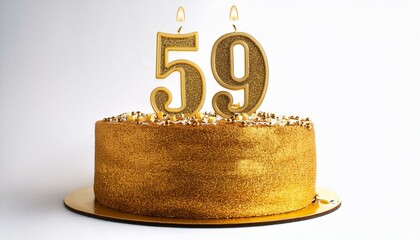 Decorated gold cake for birthday or anniversary party, candle number 59, white background