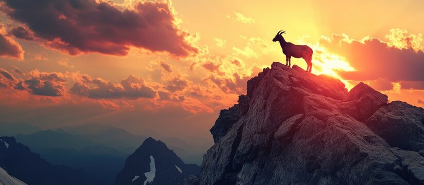 Solitary goat atop a rocky peak against a dramatic sunset sky with evening shadows and ample space for text or captions
