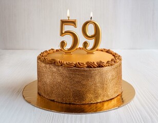 Decorated gold cake for birthday or anniversary party, candle number 59, white background