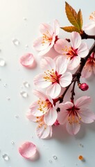 Peach blossoms and water drops on a pure white surface with soft focus effect, pure white, flowers