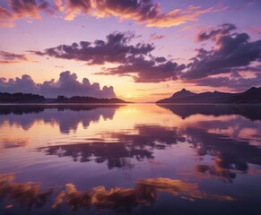 Naklejka premium Golden and purple hues of the sky reflected in calm waters, serene sunset, serene landscape, purple hues