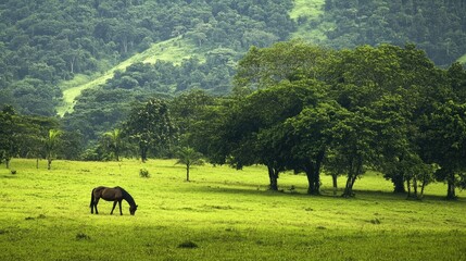 Horse peacefully grazing in a vibrant green meadow with lush trees and distant hills creating a serene natural landscape.