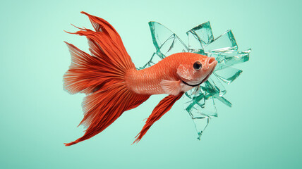 Fototapeta premium Vibrant betta fish swimming through shattered glass, showcasing dynamic movement and color