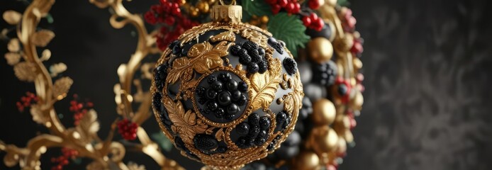 Gold and black glittering ornament with berries, Christmas, festive