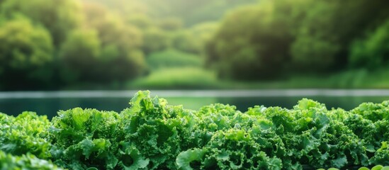 Green vegetables by serene lake showcasing water conservation and sustainability with ample copy space for promotional text or messaging