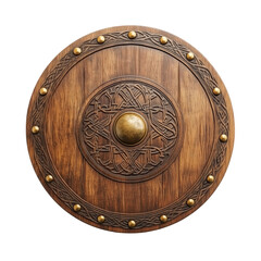 Fototapeta premium Round wooden shield with intricate Celtic engravings, brass studs, and a central boss, isolated on a transparent background. Perfect for historical and warrior themes.