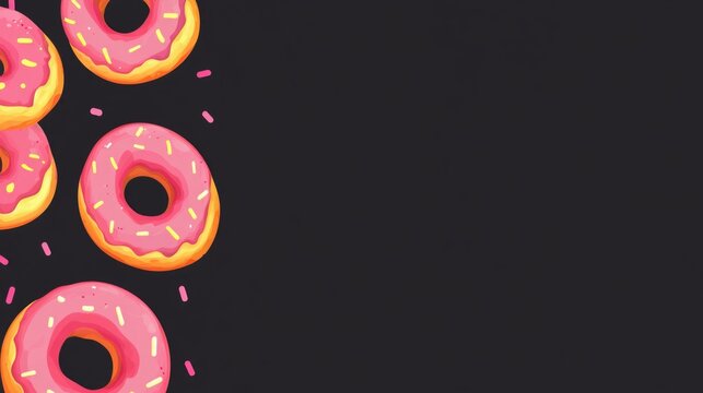 Colorful donut banner design with pink frosted donuts and sprinkles on a minimalist black background for advertising and promotions.