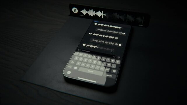 Cinematic 3D animation of a smartphone on a desk playing a voice message with a floating audio waveform. Concept of voice messaging, audio communication, chat apps, and digital voice interaction.