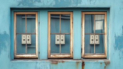 Fototapeta premium Windows of a vintage hotel with contrasting electrical switches showcasing unique architectural details and color variations.