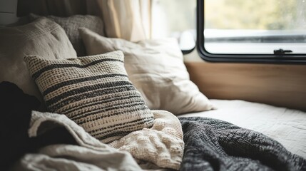 Cozy camper van interior featuring a warm sleeping area with stylish pillows and textiles for a comfortable van life experience.