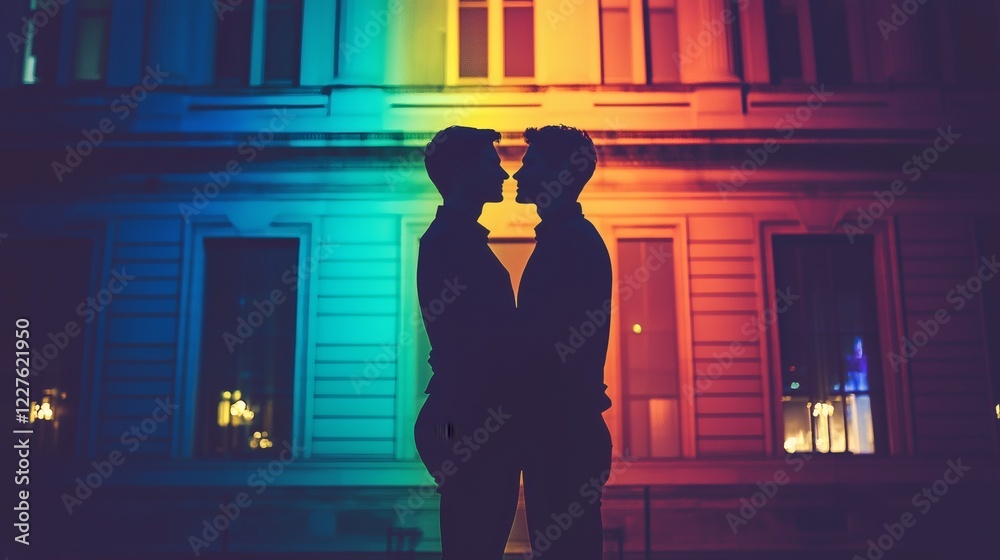 Poster couples embracing in front of a courthouse advocating for equal marriage recognition stock photo wit