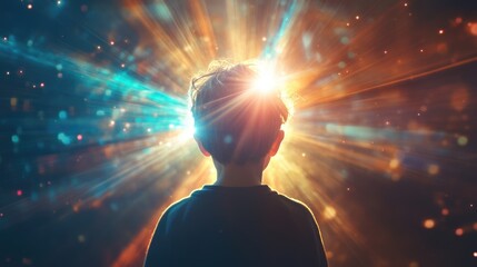 Inspiring child gazing at radiant light symbolizing innovative ideas and future possibilities