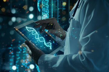Scientist analyzing DNA helix on a futuristic tablet.