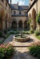 Fototapeta premium Panoramic view of Cluny abbey's courtyard with blooming flowers and a fountain, France, church, trees