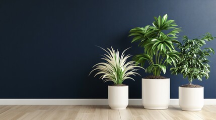 Fototapeta premium Three potted plants against a dark blue wall