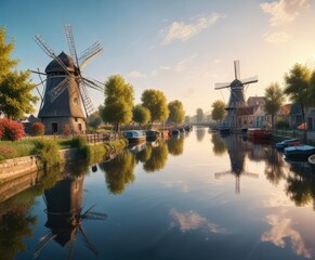 Obraz premium Panorama of a windmill situated near a canal with boats floating in the water, reflection, canal, canalside