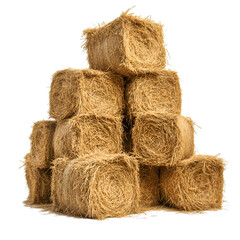 A pile of fresh hay bales stacked on white background