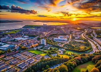Aerial View Swansea City Map, Administrative Boundaries, UK Landscape Photography