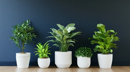Fototapeta premium Four Green Plants in White Pots Against a Dark Blue Wall