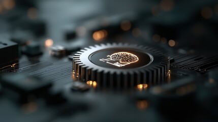 Cutting-edge technology concept featuring AI microchip on circuit board, highlighting artificial intelligence advancements and futuristic computing innovations.