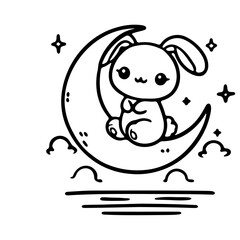 cute rabbit sitting on the moon illustration for coloring books