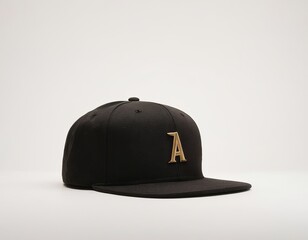 Fototapeta premium Stylish black cap with a golden letter 'A', perfect for casual wear or sporting events.
