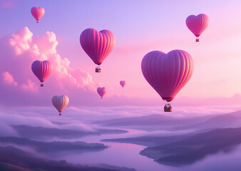 Fototapeta premium Heart-shaped hot air balloons rise at sunset, painting the sky pink over a peaceful river and rolling hills, setting a romantic mood perfect for Valentine’s Day