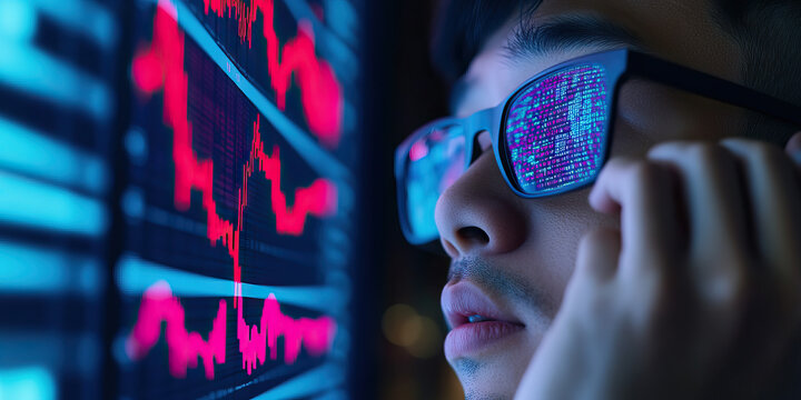 Person Viewing Stock Market Data and Code Reflected in Glasses