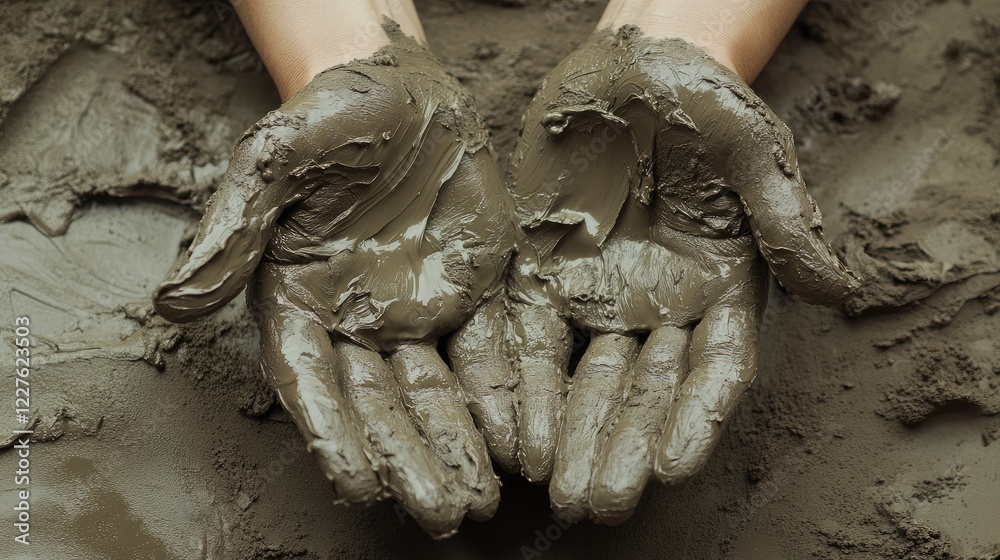 Poster close up of mud covered hands showcasing texture and detail with a soft focus background and empty s