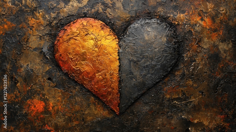Poster conceptual art of a heart split into two parts one for love and one for law stock photo with side co