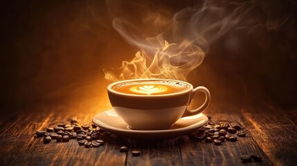 Fototapeta premium Steaming coffee cup on textured wooden surface surrounded by coffee beans capturing a warm and inviting atmosphere