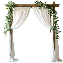 A rustic wooden wedding arch adorned with white drapes and greenery on white background