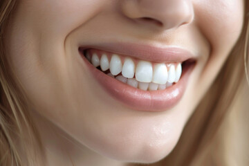 Fototapeta premium Close-up of a woman's smile showing healthy white teeth.