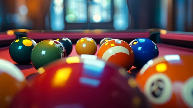 Colorful billiard balls clustered on a pool table in a cozy room