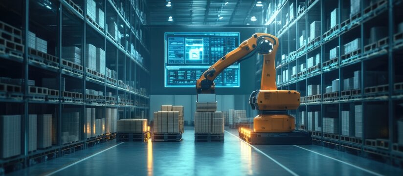Futuristic warehouse with robotic arms unloading goods and large data holograms in an inventory setting with space for text and graphics