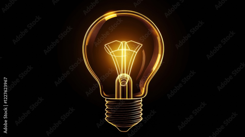 Poster beautiful light bulb glowing with warm yellow light showcasing intricate filament design in a dark b