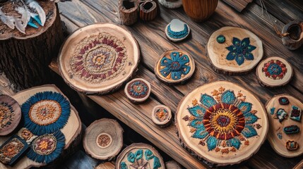 Fototapeta premium Wooden Table Display of Intricately Designed Embroidered Crafts in a Cozy Home Interior Setting
