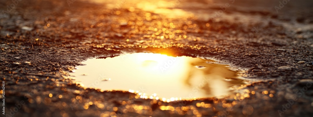 Poster water pouring onto ground creating puddle with light reflections and abstract shapes alongside empty
