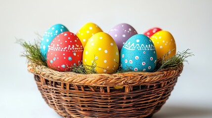 Beautifully Decorated Colorful Easter Eggs in a Basket