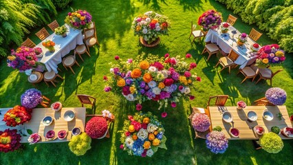 Aerial View: Vibrant Spring Floral Centerpieces for Outdoor Celebration