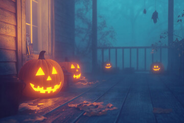 Glowing Jack-o'-Lanterns in a Spooky Forest Under Full Moon with Flying Bats and Autumn Leaves Creating an Eerie Halloween Night Atmosphere