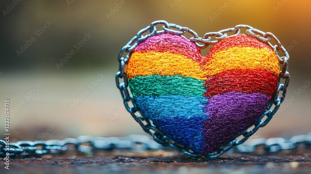 Poster rainbow heart surrounded by chains symbolizing oppression and the fight for freedom stock photo with