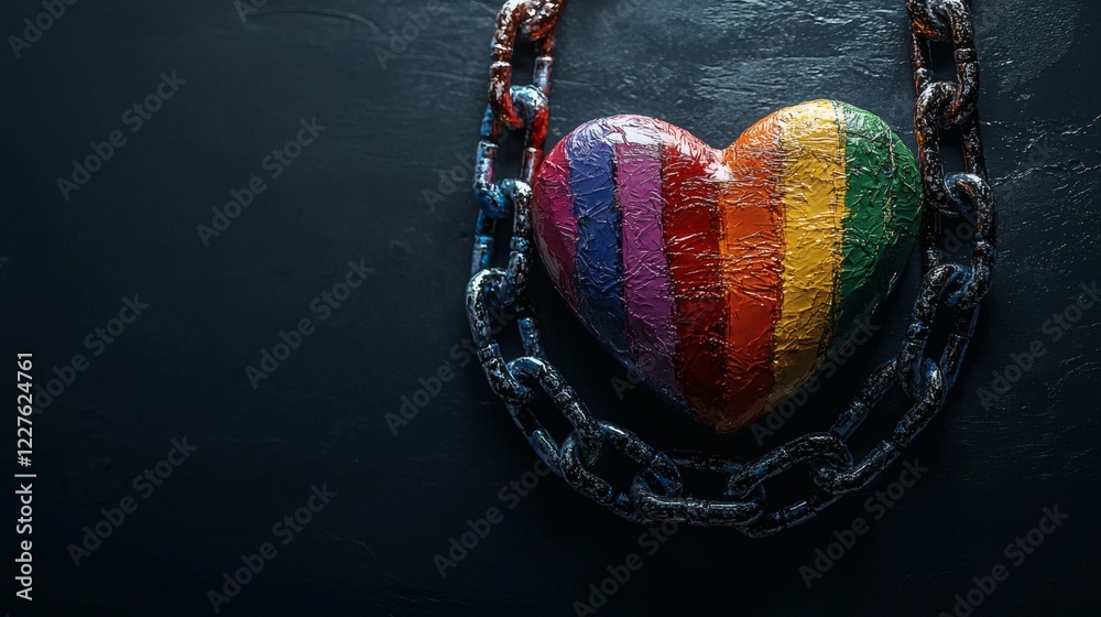 Poster rainbow heart surrounded by chains symbolizing oppression and the fight for freedom stock photo with