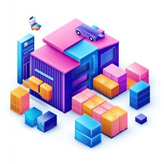 Fototapeta premium Colorful 3D Illustrations of Warehouse with Delivery Services and Logistics Management Concept