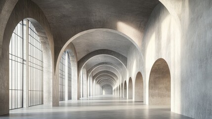 Fototapeta premium Industrial Interior Space Featuring Expansive Concrete Vaulted Arches and a Serene Long Passageway with Abundant Natural Light