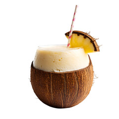 A tropical pina colada in a coconut shell with a straw on white background