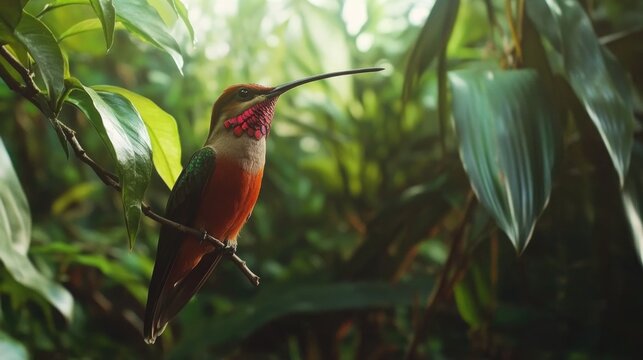 Hummingbird Swordbill in Lush Greenery Showcasing Natural Beauty and Endangered Wildlife in a Vibrant Jungle Setting