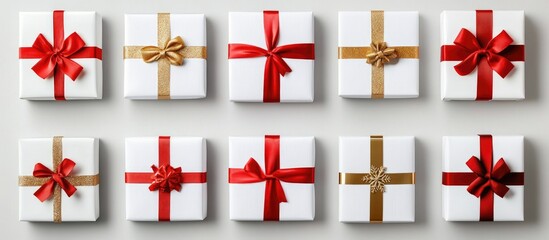 Obraz premium Elegant Christmas Gift Boxes with Red and Gold Ribbons on Festive Background Ideal for Holiday Promotions and Empty Space for Text