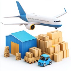 Airplane, warehouse, truck, and cargo packages in a logistics and transportation concept illustration scene