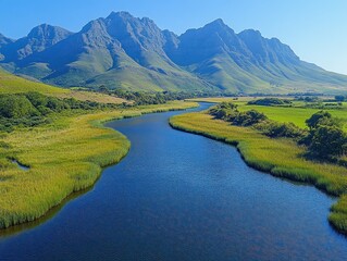 Fototapeta premium Majestic Mountain River Landscape with Lush Green Meadows and Blue Water